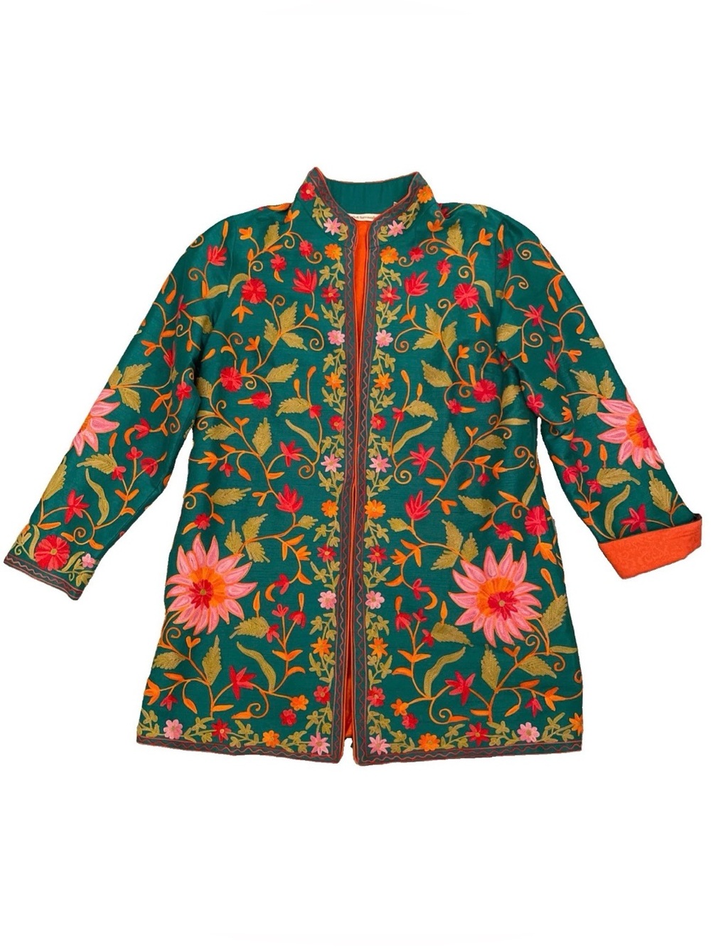 Soft Surroundings Small Embroidered Jacket Boho Crewel Floral Mandarin Blazer